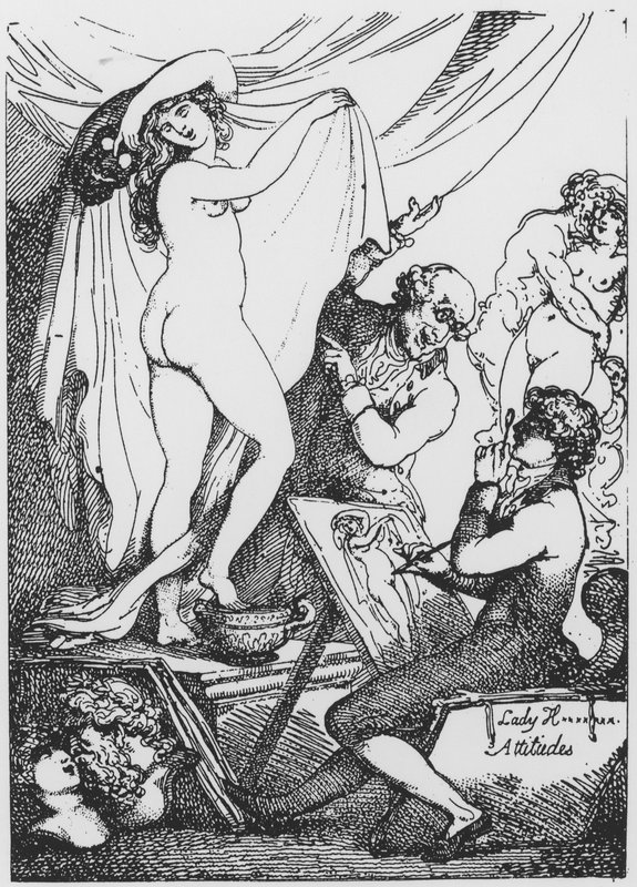 La futura Lady Hamilton posando como Higía, diosa de la salud, en el Templo de Esculapio del Dr. James Graham de Thomas Rowlandson