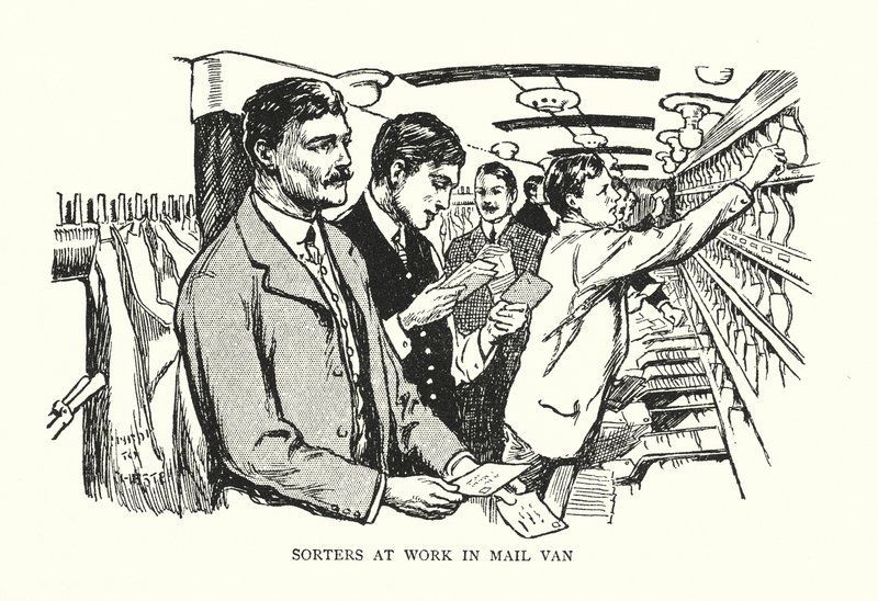 Clasificadores trabajando en un furgón de correo (litografía) de Thomas Somerfield