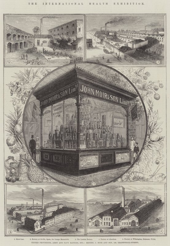 La Exposición Internacional de Salud, Provisiones Enlatadas, Raciones del Ejército y la Marina, etc., Messers J Moir y Son, 148, Leadenhall-Street de Thomas Sulman