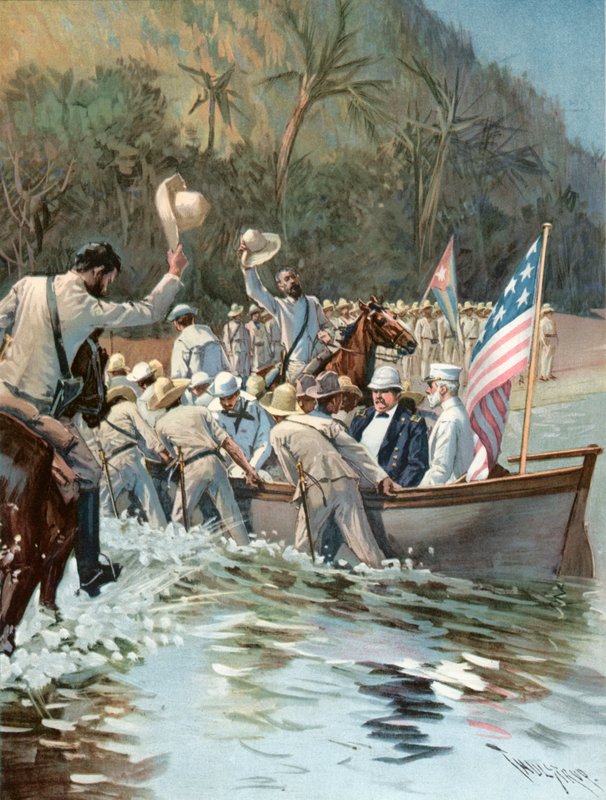 El General Shafter y el Almirante Sampson desembarcando en la playa de Aserradero, 20 de junio, para conferenciar con el General García de Thure de Thulstrup