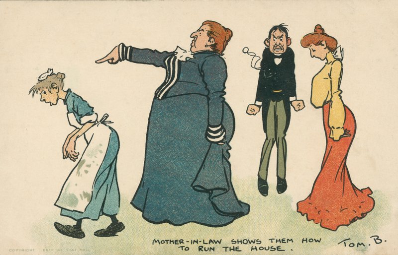 Suegra dominante instruyendo a una joven pareja sobre cómo llevar su hogar (litografía en color) de Tom Browne