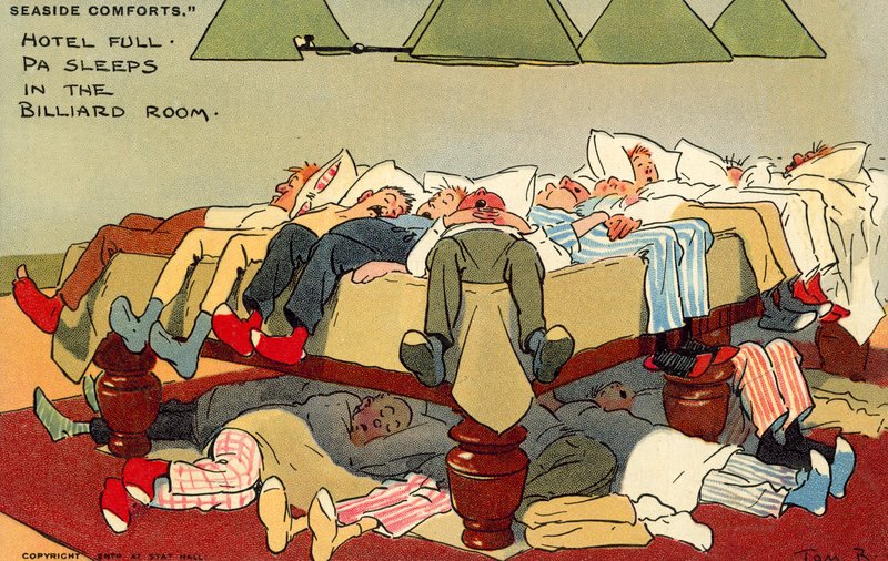 Hotel lleno, papá duerme en la sala de billar (cromolitografía) de Tom Browne