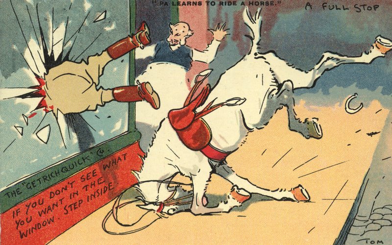 Hombre arrojado de un caballo a través de una ventana de Tom Browne