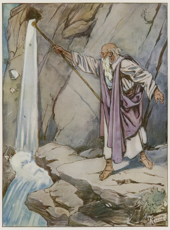 Moisés golpeando la roca para sacar agua de Tony Sarg
