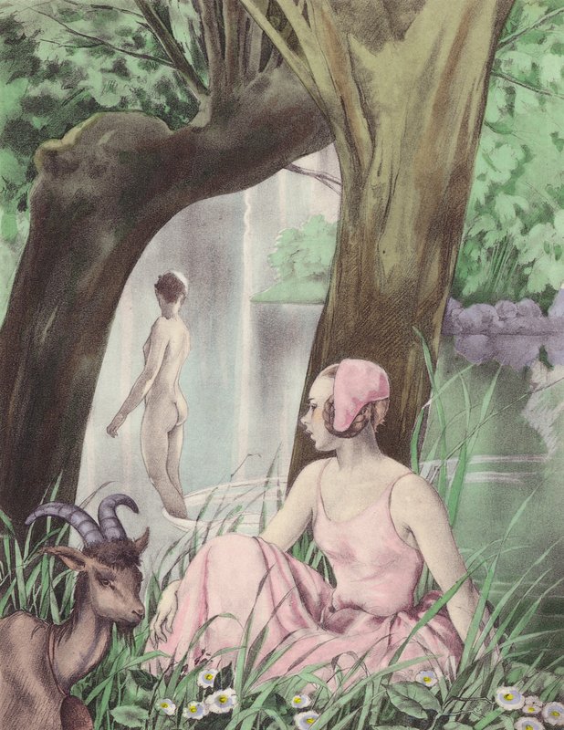 Ilustración de Brunelleschi para Contes et Nouvelles de La Fontaine (litografía en color) de Umberto (after) Brunelleschi