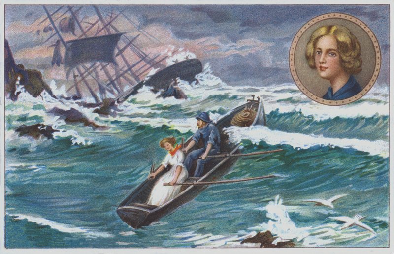 Grace Darling rema con su padre para rescatar a los supervivientes del barco naufragado, el "Forfarshire" en 1838. (cromolito) de Unknown artist