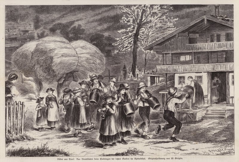 Toque tradicional de cencerros para celebrar la llegada de la última cosecha en Alpbachtal, Tirol, Austria (grabado) de Unknown artist