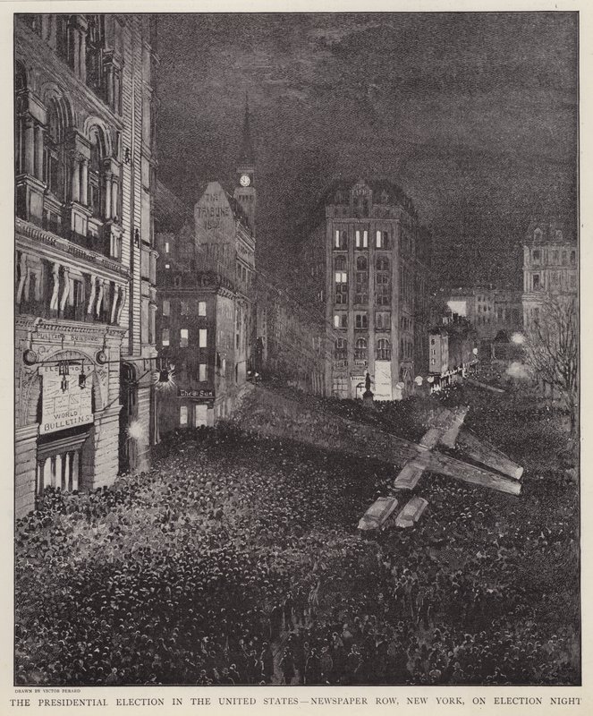 Newspaper Row, Ciudad de Nueva York, en la noche de la elección presidencial de EE.UU., 8 de noviembre de 1892 de V. Perard