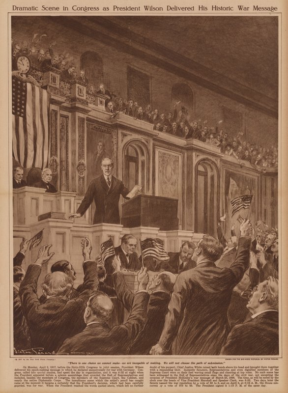 El presidente estadounidense Woodrow Wilson pide al Congreso que declare la guerra a Alemania de V. Perard