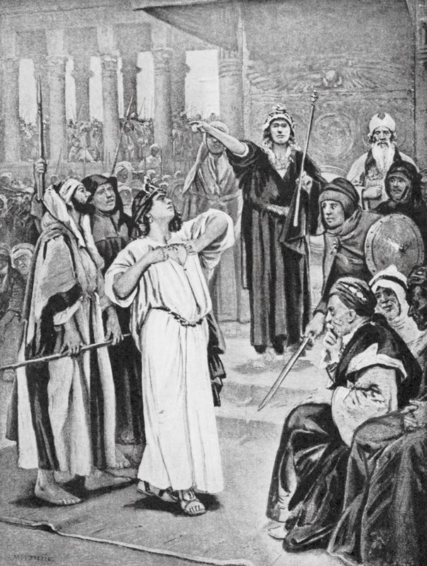 Atalía escucha la proclamación de Joás, 837 a.C. (litografía) de Vaclav (1851 1901) (after) Brozik