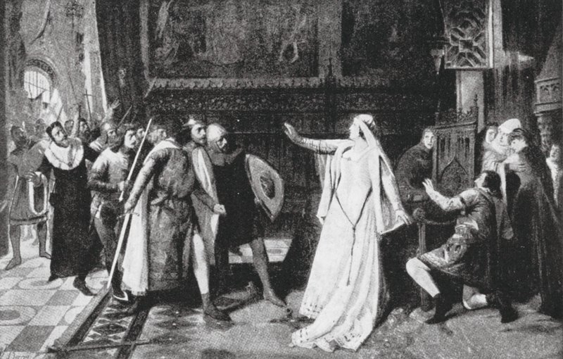 María de Molina repeliendo a los Nobles (litografía) de Vicente Borras Abella