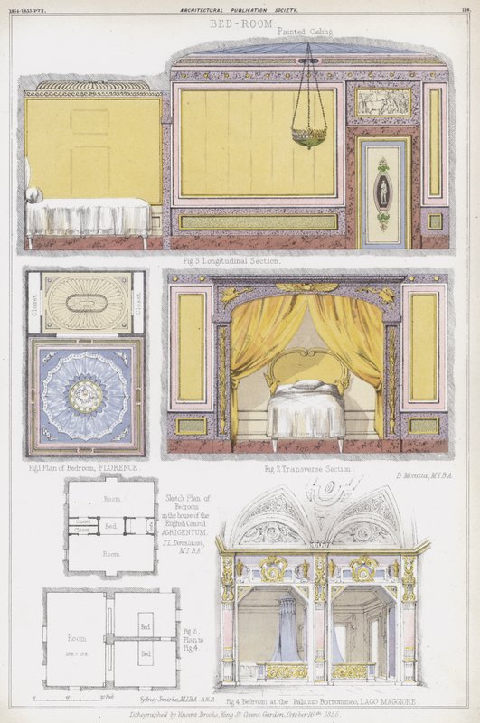 Dormitorios en Florencia, la casa del Cónsul Inglés en Agrigento y la Casa Borromeo, Lago Maggiore, Italia (litografía a color) de Vincent Brooks