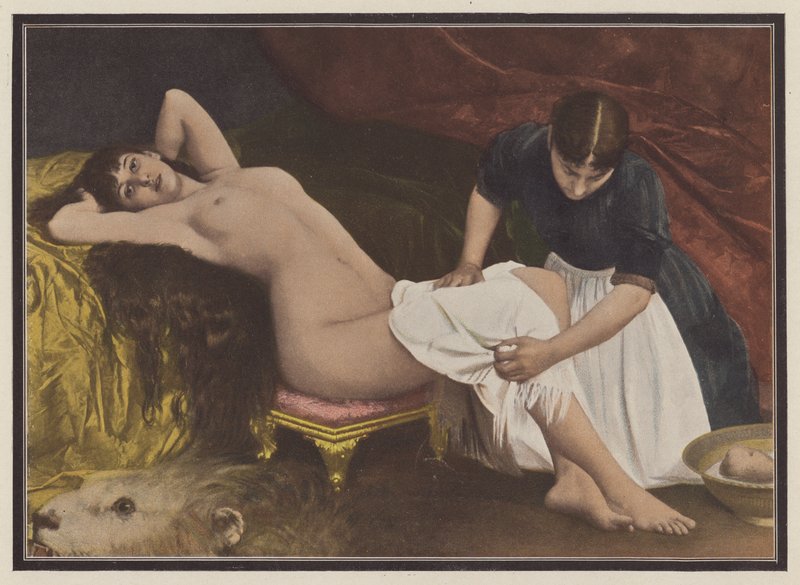 Mujer levantándose de la cama (litografia en color) de Vlaho Bukovac