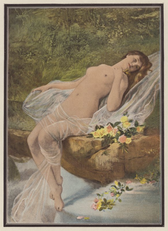 Mujer con flores (litografia en color) de Vlaho Bukovac