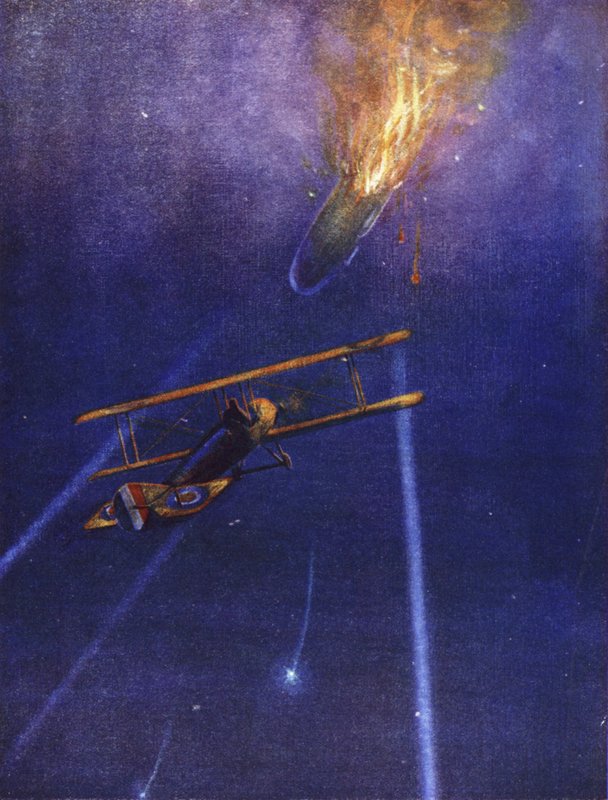 El teniente William Leefe Robinson ataca una aeronave enemiga y la derriba en llamas sobre Cuffley, Hertfordshire, septiembre de 1916 de W. Avis