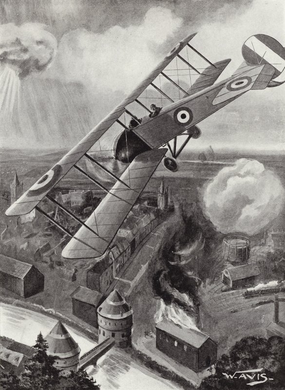El teniente segundo L A Strange bombardeando el cruce ferroviario en Courtrai, Bélgica, Primera Guerra Mundial de W. Avis