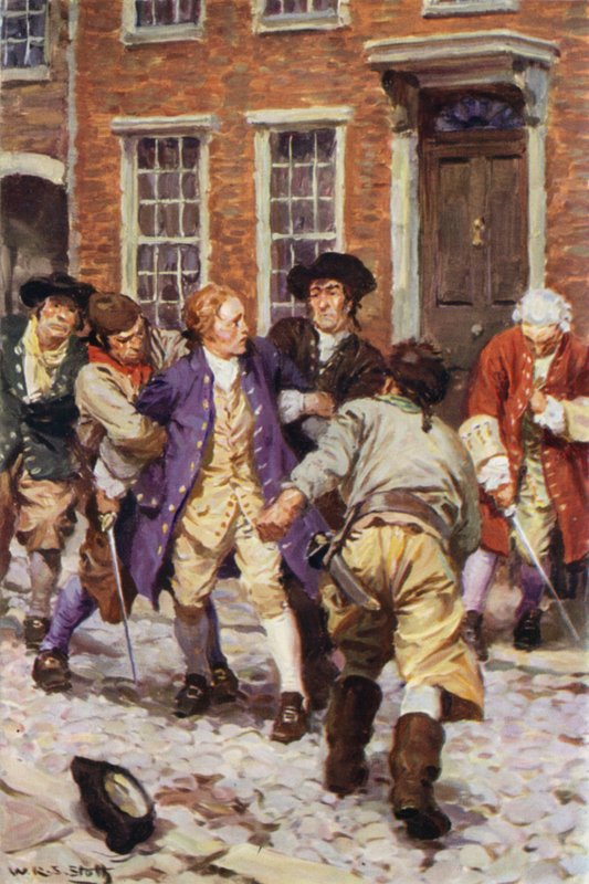"En este momento, un número de compañeros se apresuró y agarró a Jones" (litografía en color) de W.R.S. (after) Stott