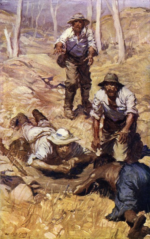 El capitán Grey y su grupo encuentran agua (litografía en color) de W.R.S. (after) Stott