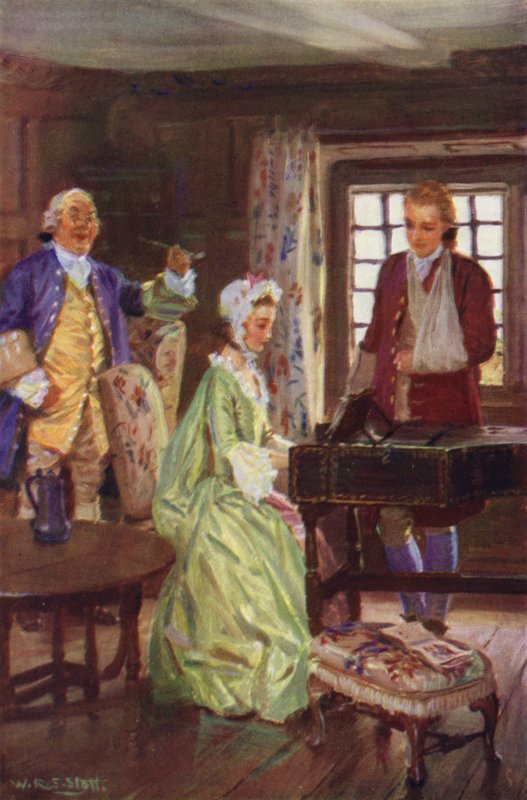 "Tampoco pasó mucho tiempo antes de que Jones pudiera asistirla al clavicordio" (litografía en color) de W.R.S. (after) Stott