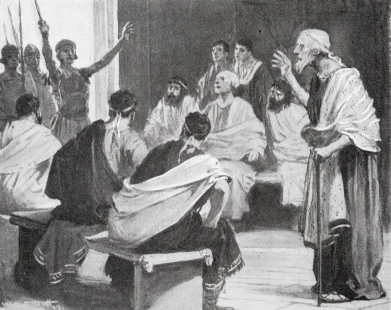 Rómulo comunica a su abuelo que ha vuelto a ser rey de Alba (lito) de W.R.S. (after) Stott