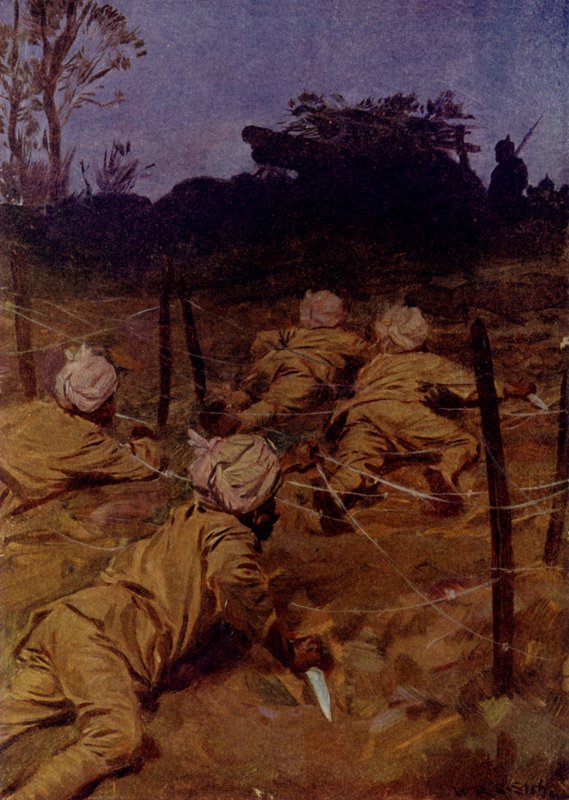 Los soldados indios se arrastraron hacia adelante tan silenciosamente como los gatos (litografía en color) de W.R.S. (after) Stott