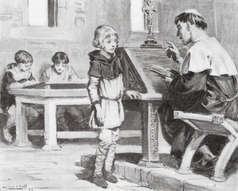 El joven Cuthbert en la escuela (litografía) de W.R.S. (after) Stott