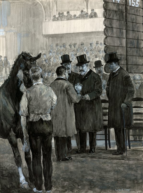 El rey Eduardo VII en el Hackney Horse Show presentando la copa de W.R.S. Stott