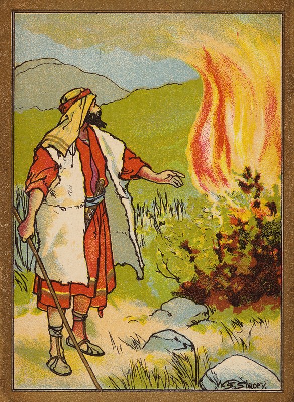 Moisés y la zarza ardiente (litografía en color) de W.S. Stacey