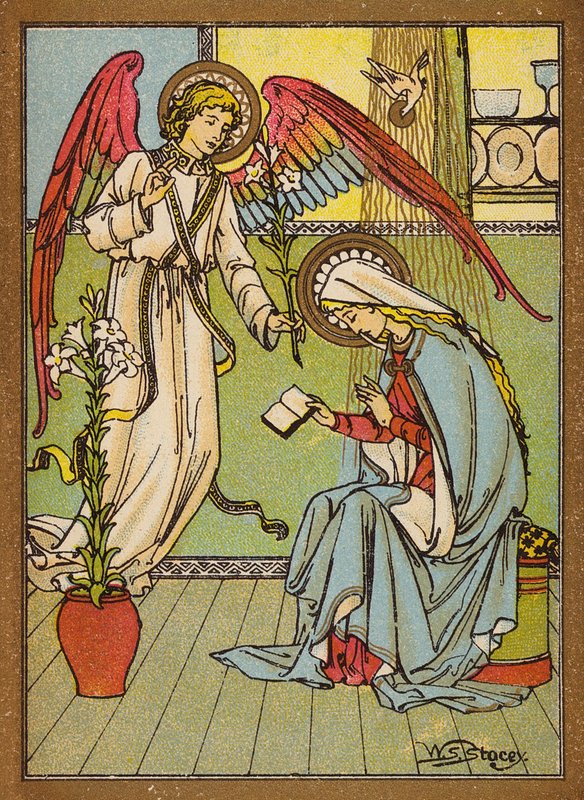 La Anunciación de la Bienaventurada Virgen María (litografía en color) de W.S. Stacey