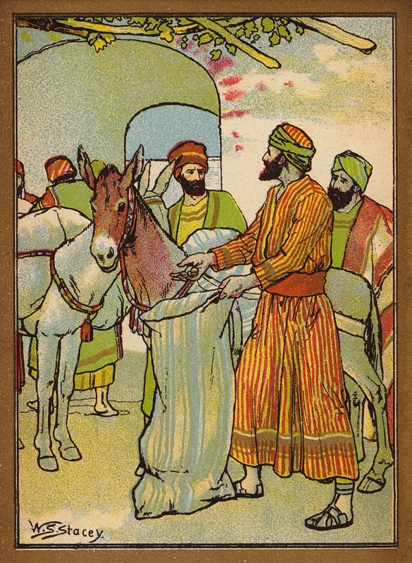 El hallazgo del dinero en el saco (litografía en color) de W.S. Stacey