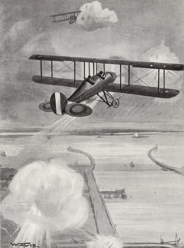 El líder de escuadrón Richard Davies y el teniente de vuelo Richard Peirse lanzando bombas sobre la estación submarina en Zeebrugge bajo fuego intenso, 23 de enero de 1915 de W. Avis