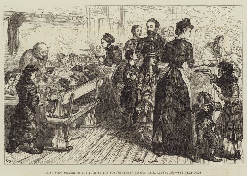 Cena de estofado irlandés para los pobres en el Conder-Street Mission-Hall, Limehouse de Walter Paget