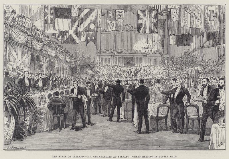 El estado de Irlanda, el Sr. Chamberlain en Belfast, gran reunión en Ulster Hall de Walter Paget