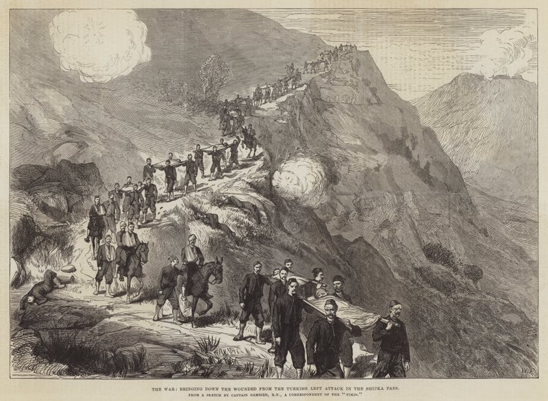 La guerra, bajando a los heridos del ataque izquierdo turco en el paso de Shipka de Walter Paget