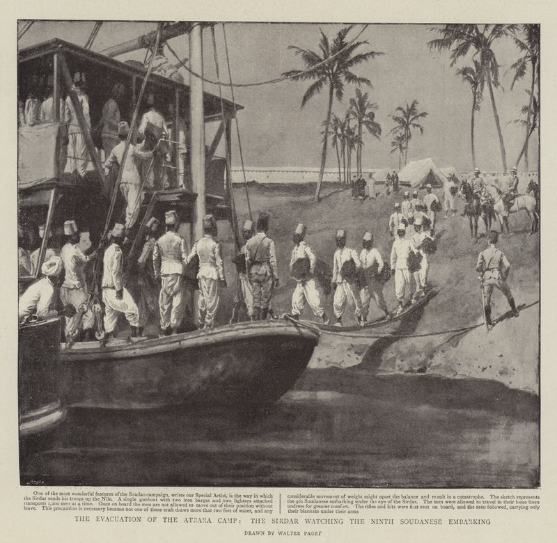 La evacuación del campamento de Atbara, el Sirdar observando el embarque del Noveno Sudanés de Walter Stanley Paget