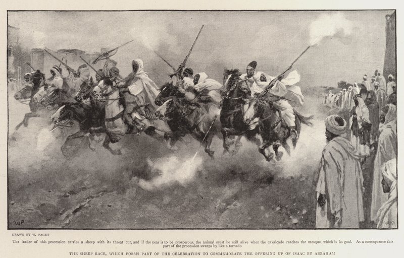 La tierra de los moros, la carrera de ovejas, que forma parte de la celebración para conmemorar la ofrenda de Isaac por Abraham de Walter Stanley Paget