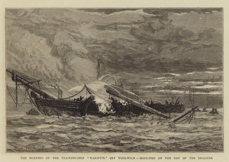El incendio del barco de entrenamiento Warspite frente a Woolwich, esbozado el día del desastre de Walter William May