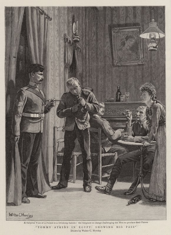 Tommy Atkins en Egipto, mostrando su pase de Walter Charles Horsley