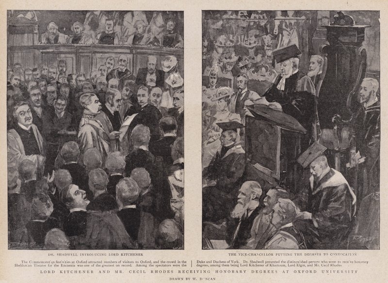 Lord Kitchener y el Sr. Cecil Rhodes recibiendo títulos honoríficos en la Universidad de Oxford de Walter Duncan