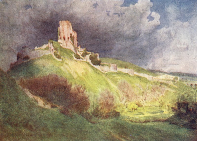Wessex: Castillo de Corfe, El "Castillo de Corvesgate" de La Mano de Ethelberta (litografía en color) de Walter Frederick Roofe Tyndale