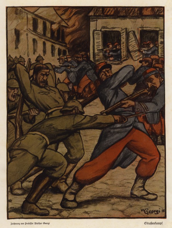 Batalla callejera entre soldados alemanes y franceses, Primera Guerra Mundial (litografia en color) de Walter Georgi