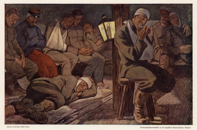 Soldados heridos en la estación de limpieza de víctimas en Roulers, Bélgica, Primera Guerra Mundial (litografia en color) de Walter Georgi