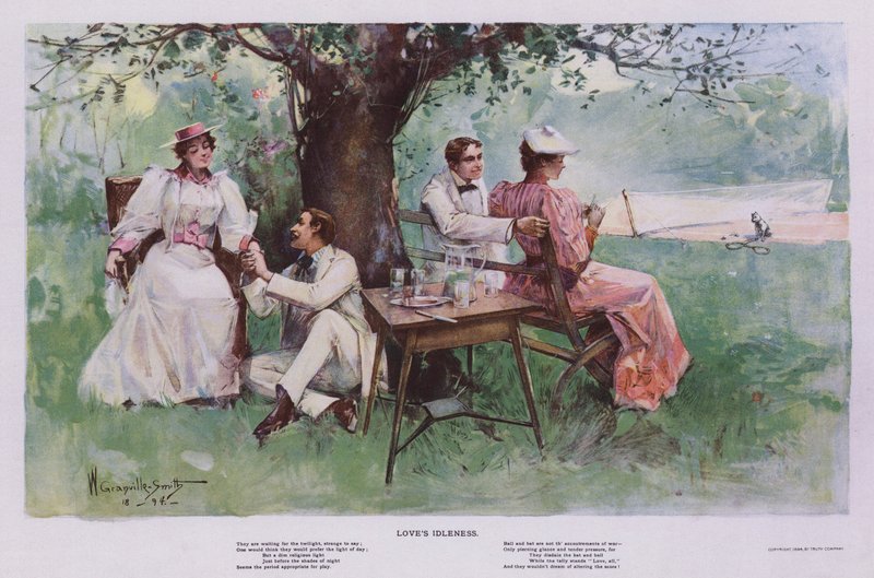La Ociosidad del Amor: dos parejas relajándose a la sombra bajo un árbol en un jardín de Walter Granville Smith