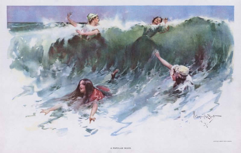 Una Ola Popular: mujeres jugando en las olas en la playa de Walter Granville Smith
