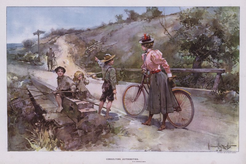 Consultando Autoridades: mujer en un paseo en bicicleta pidiendo direcciones a un grupo de niños de Walter Granville Smith