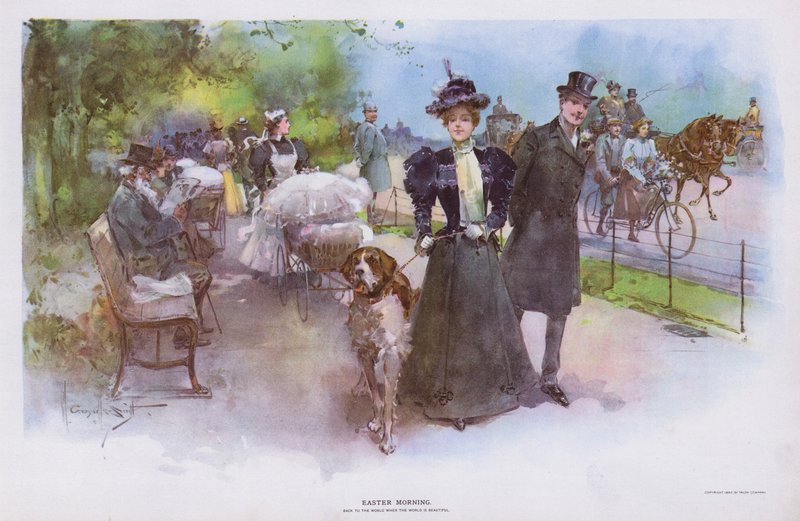 Mañana de Pascua: mujer paseando con su perro de Walter Granville Smith