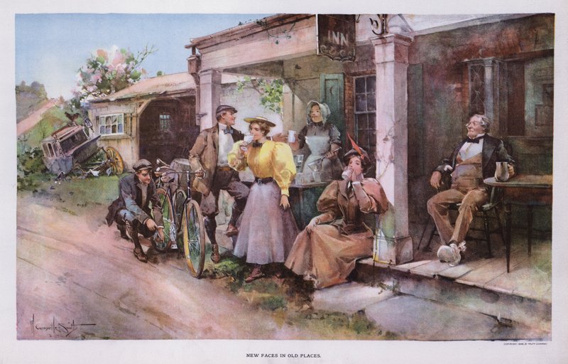 Nuevas caras en lugares antiguos: un grupo de ciclistas tomando un refrigerio en una posada junto al camino de Walter Granville Smith