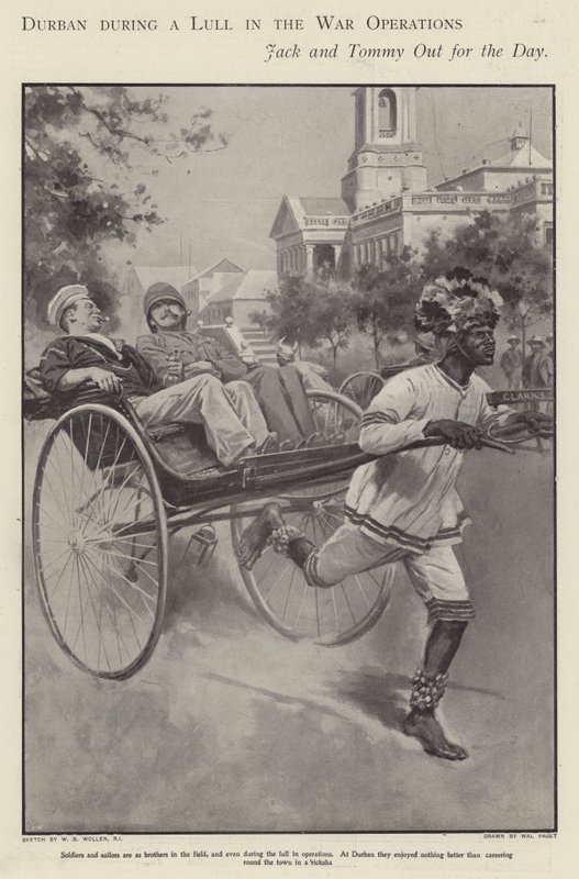 Marinero y soldado británicos paseando en un rickshaw por las calles de Durban durante una pausa en la lucha en la Guerra de los Bóers de Walter Paget