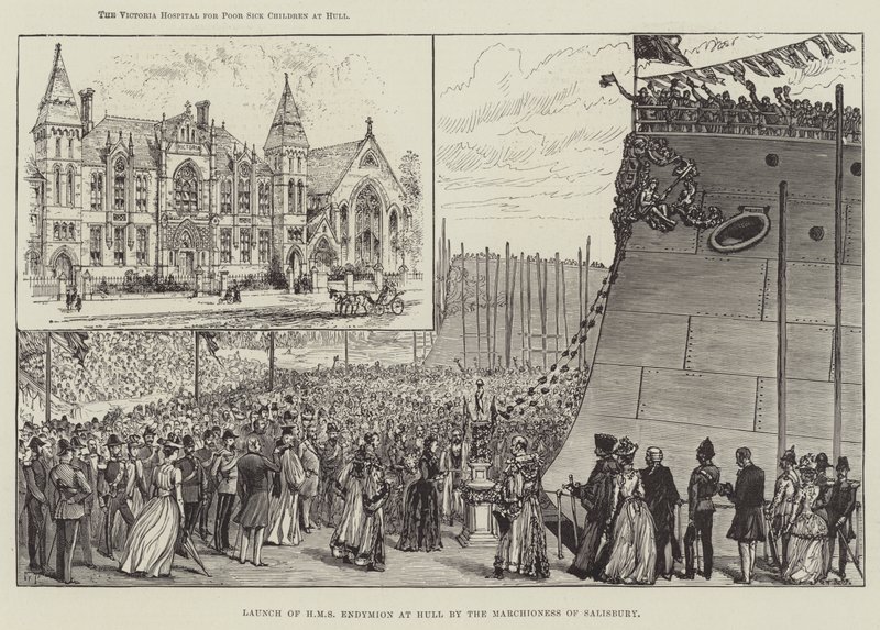 Lanzamiento del HMS Endymion en Hull por la Marquesa de Salisbury de Walter Paget