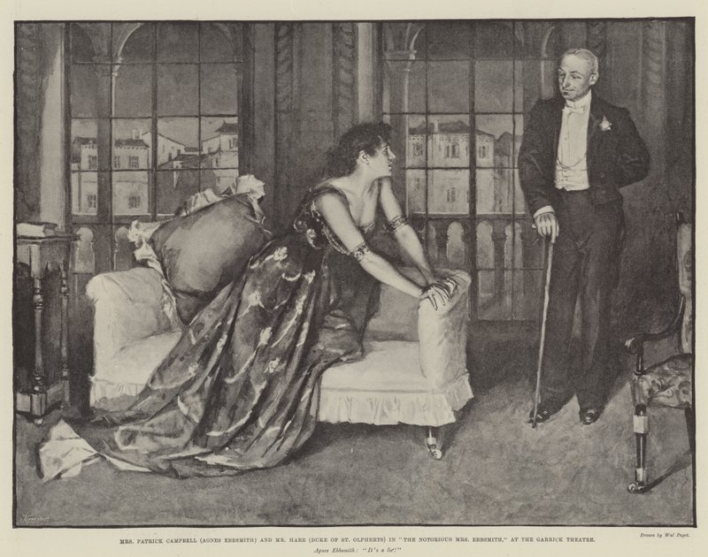 La Sra. Patrick Campbell (Agnes Ebbsmith) y el Sr. Hare (Duque de St Olpherts) en La Notoria Sra. Ebbsmith, en el Teatro Garrick de Walter Paget